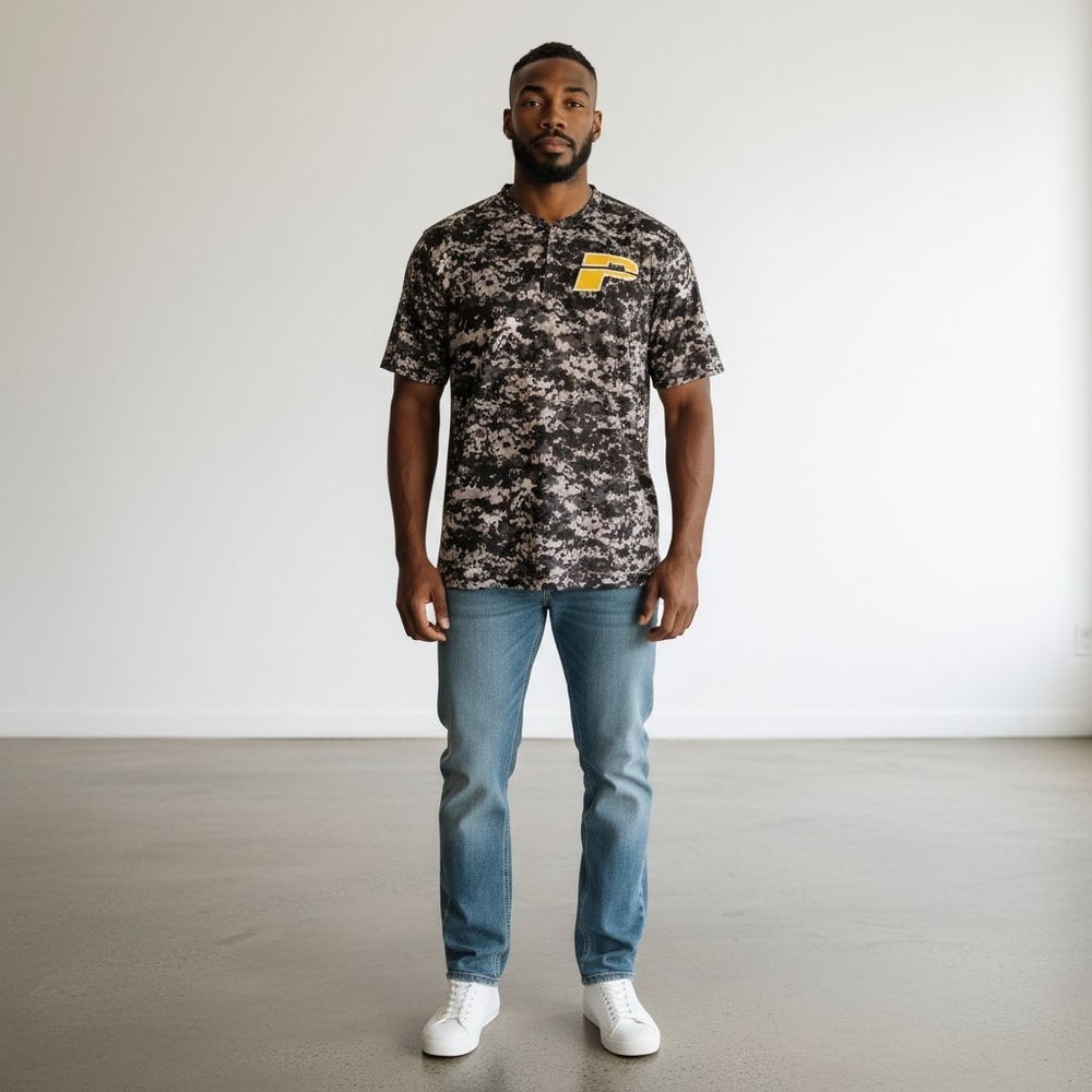 Badger Sport Men's Pirates Digital Camo Print Shirt 2XL Button Black Gray Yellow
